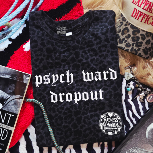 Psych ward dropout embroidered leopard print T-shirt