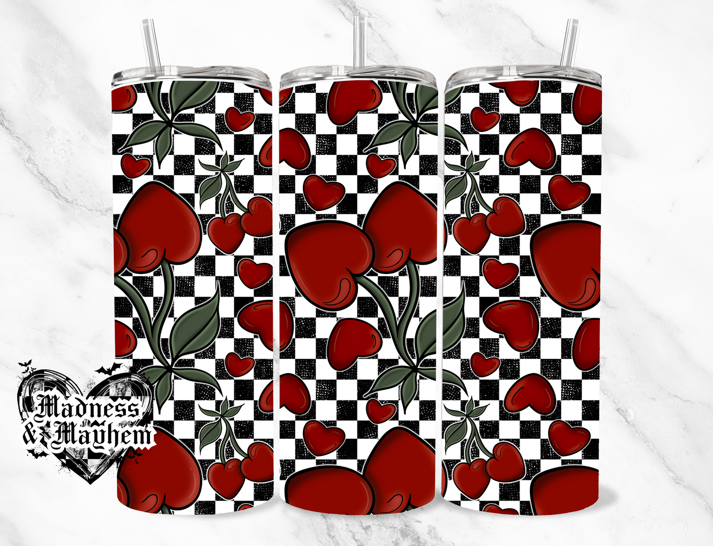 Checkered Cherries 20oz Tumbler (finished product)