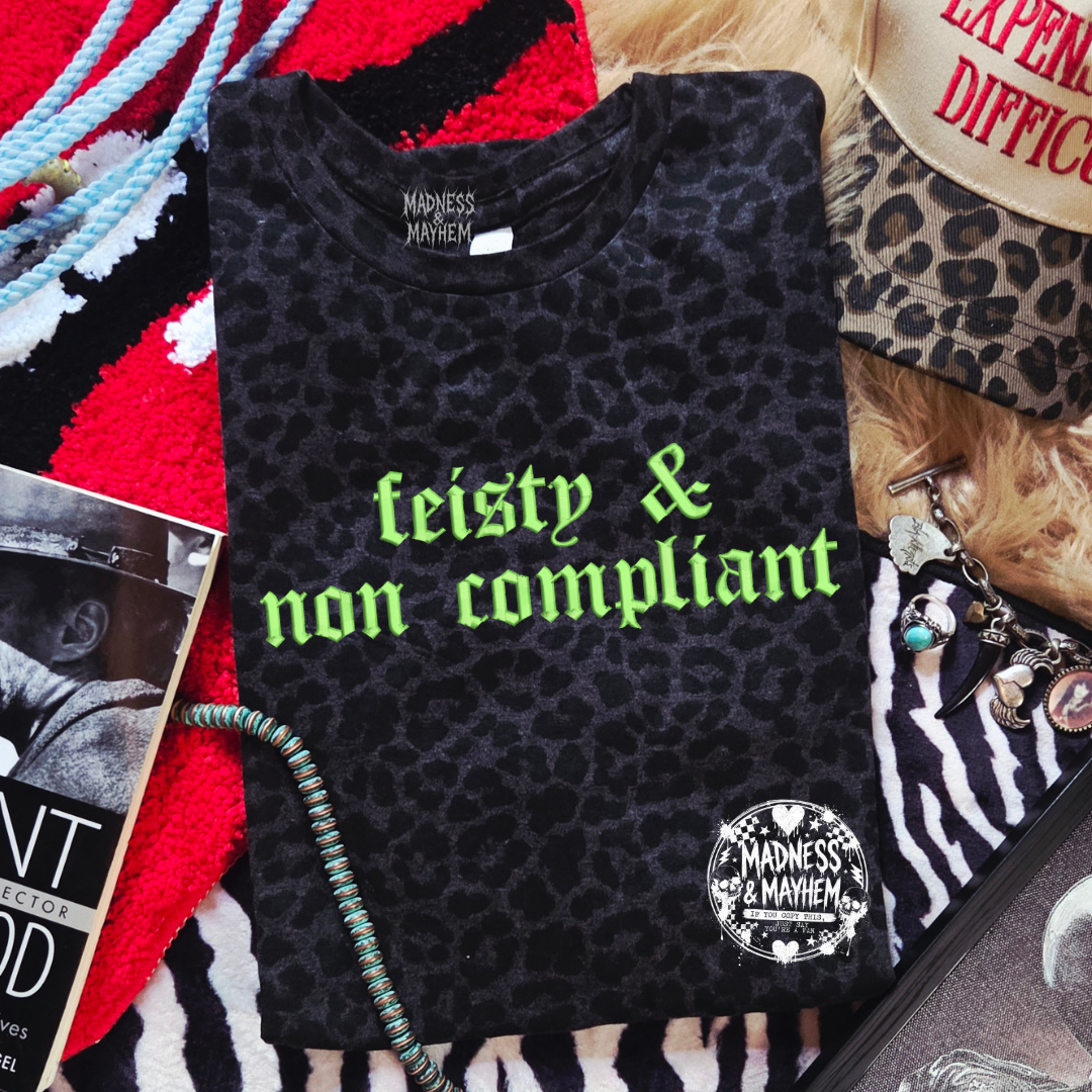 Feisty embroidered leopard print T-shirt