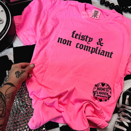 Neon pink Feisty embroidered tshirt