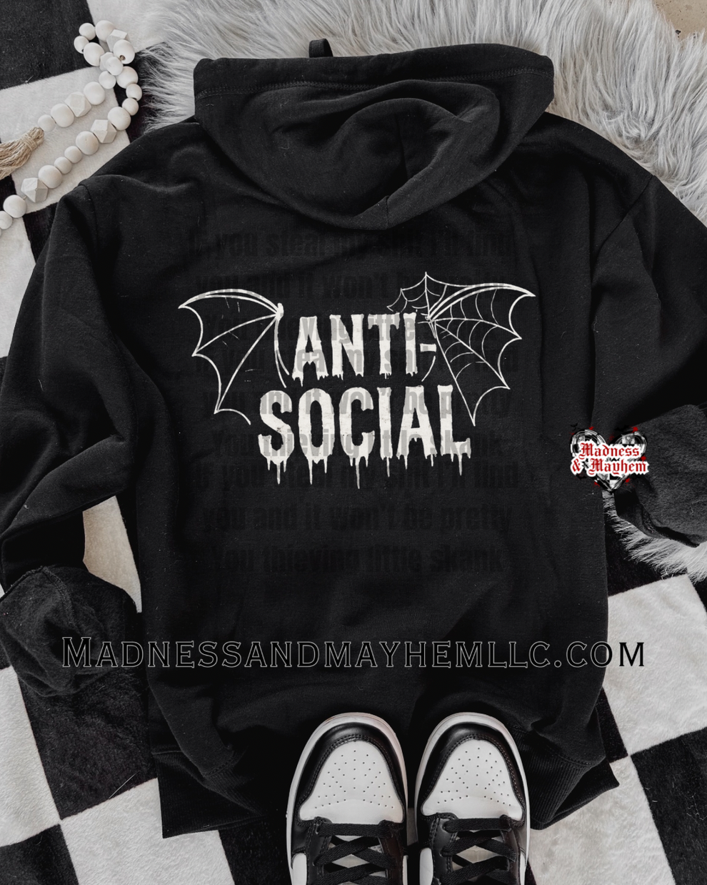 White anti social bat zip up hoodie – Madness & Mayhem LLC