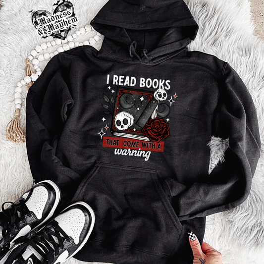 Books with trigger warnings hoodie (finished product)