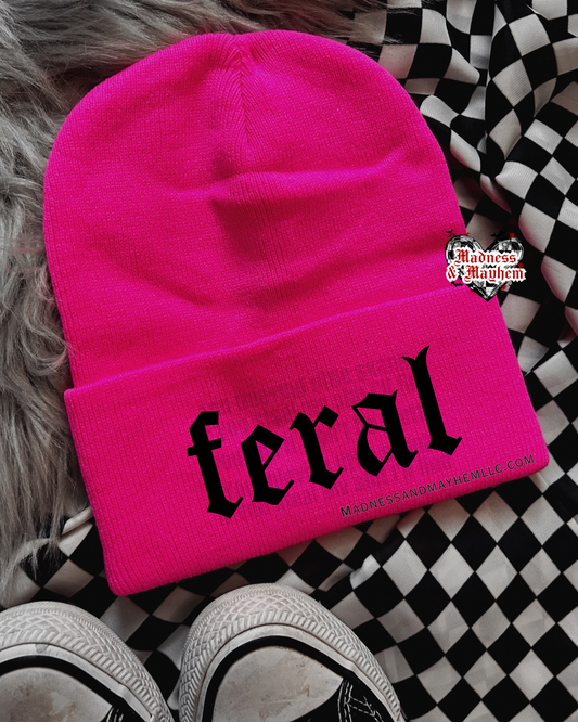 Pink feral embroidered beanie