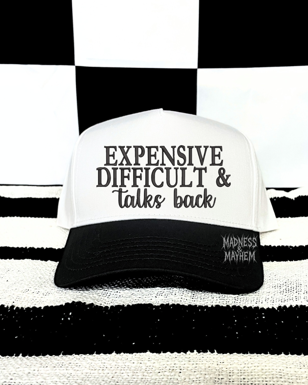 Black expensive difficult talks back embroidered Hat