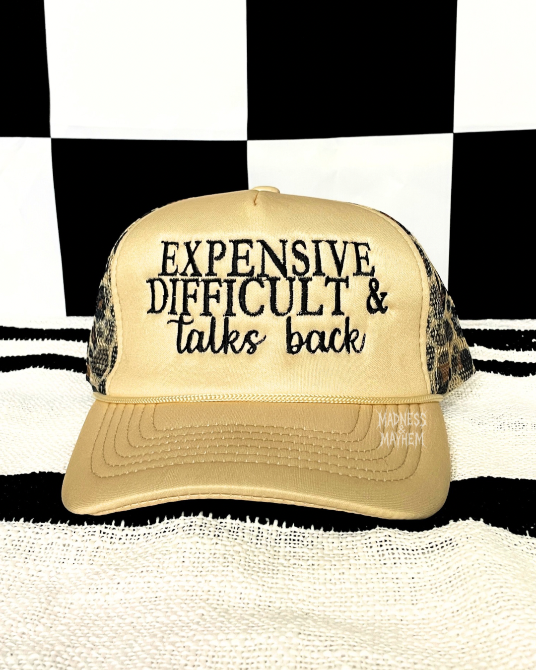 LIMITED Expensive difficult & talks back leopard embroidered Trucker Hat