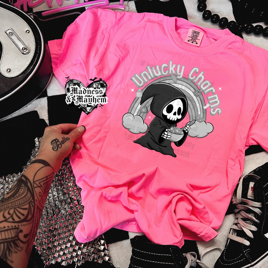 Neon Pink monochrome Unlucky Charms Shirt (finished product)