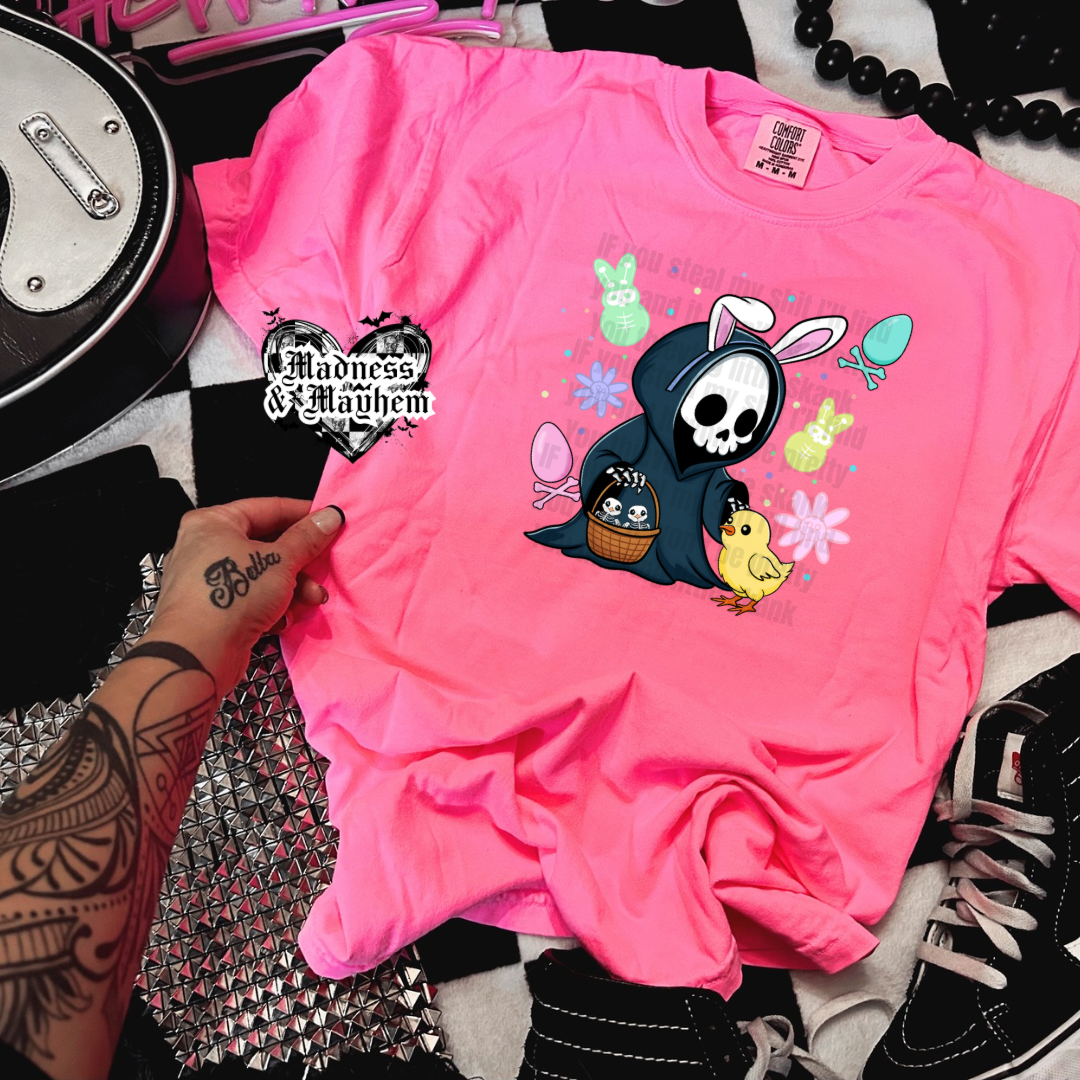 Neon Pink grim bunny Shirt (finished product)