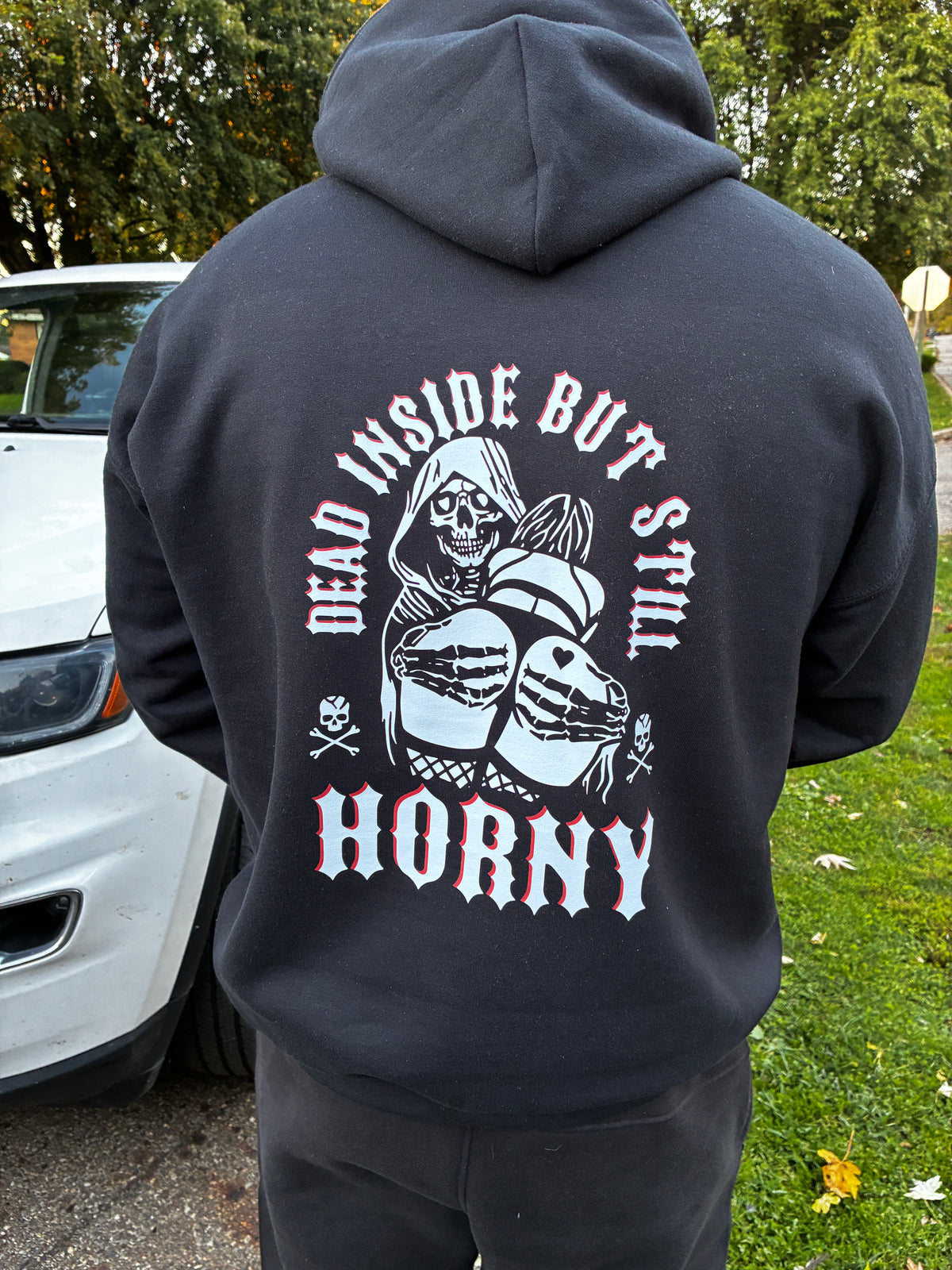 Mens dead inside horny front/back hoodie
