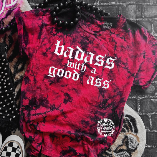 Red Badass with a good ass embroidered tie dye T-shirt