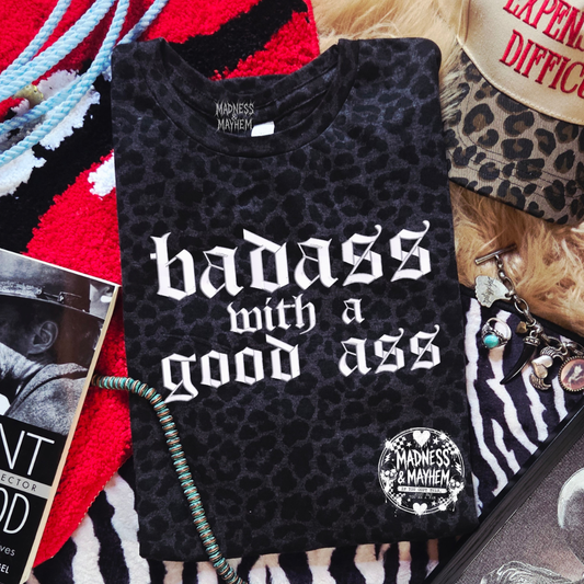 Badass with a good ass embroidered leopard print T-shirt