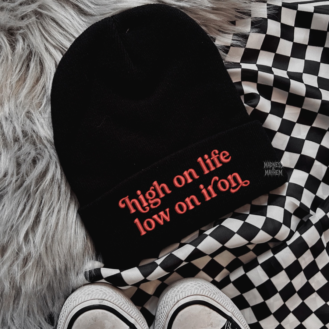 Low iron embroidered beanie