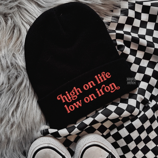 Low iron embroidered beanie