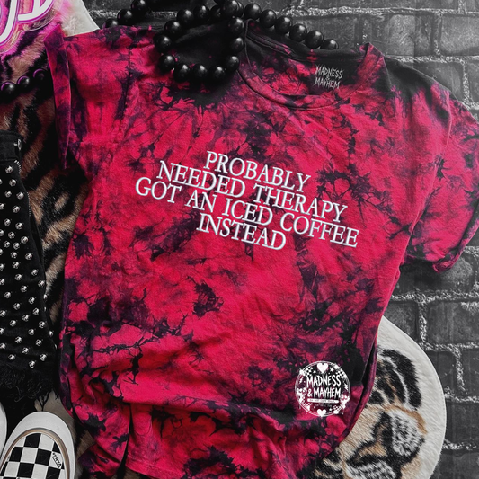 Red Coffee therapy embroidered tie dye T-shirt
