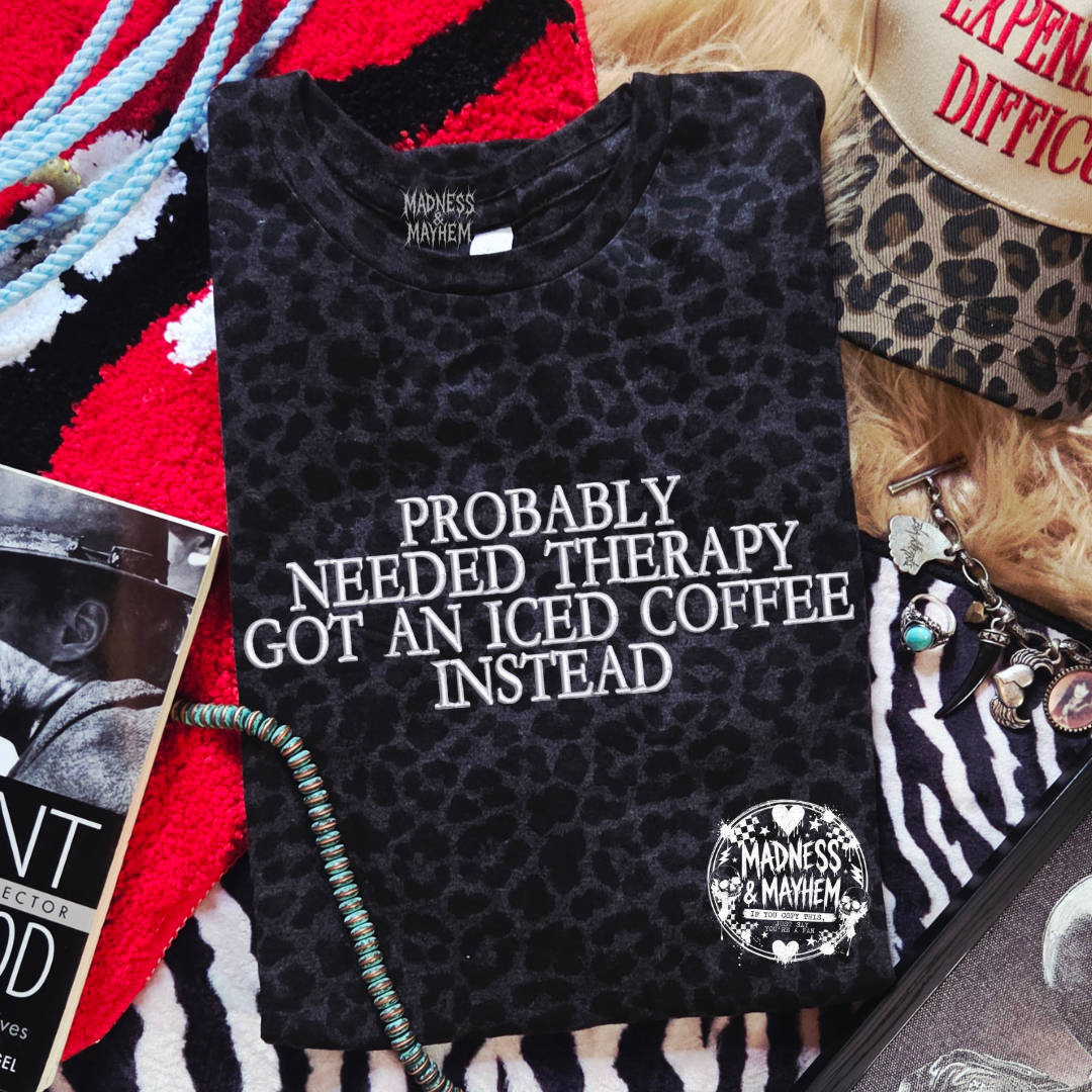 Coffee therapy embroidered leopard print T-shirt