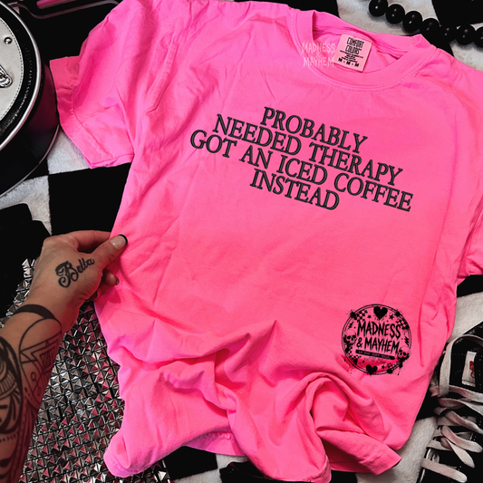 Neon pink Coffee therapy embroidered tshirt