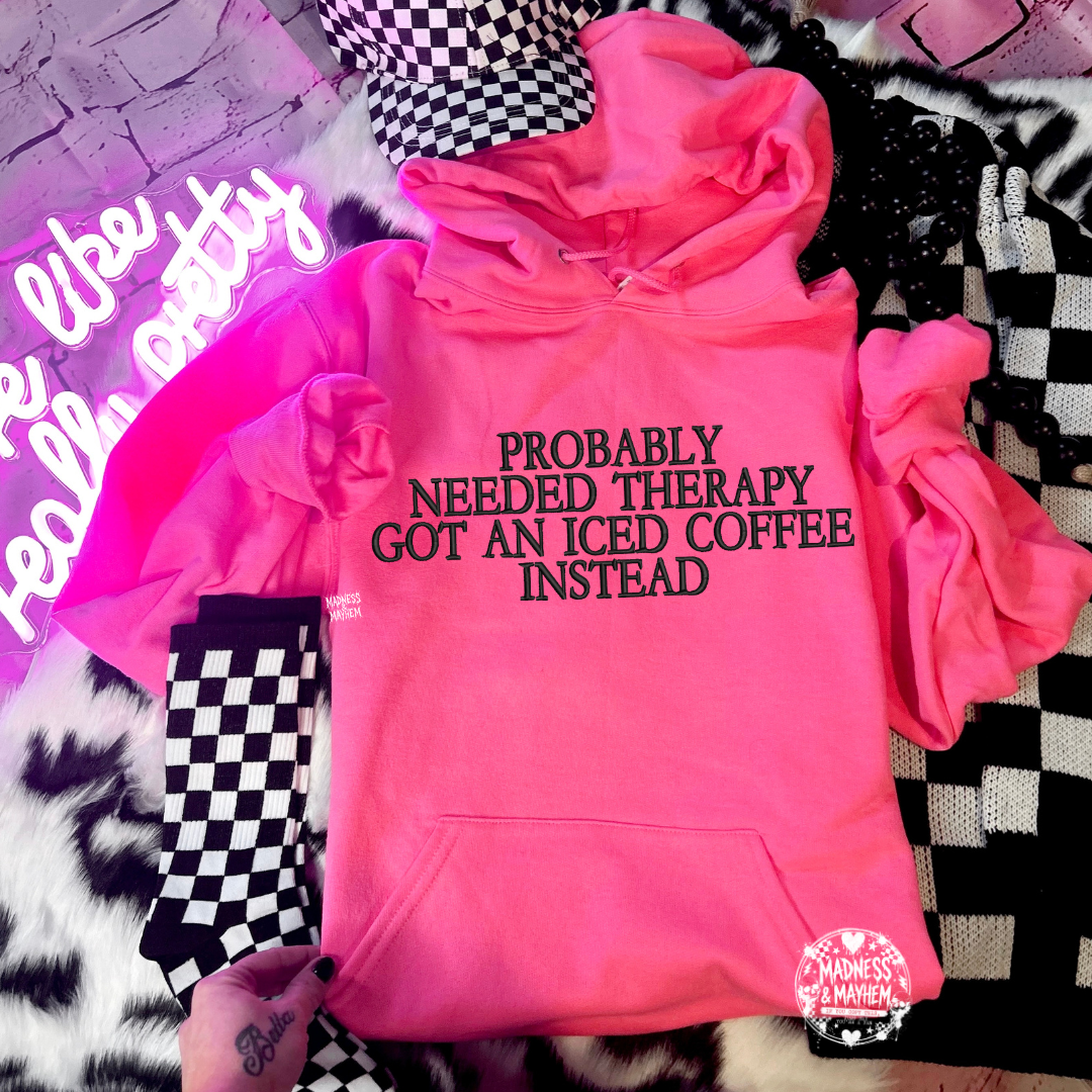 Neon pink Coffee therapy Embroidered Hoodie
