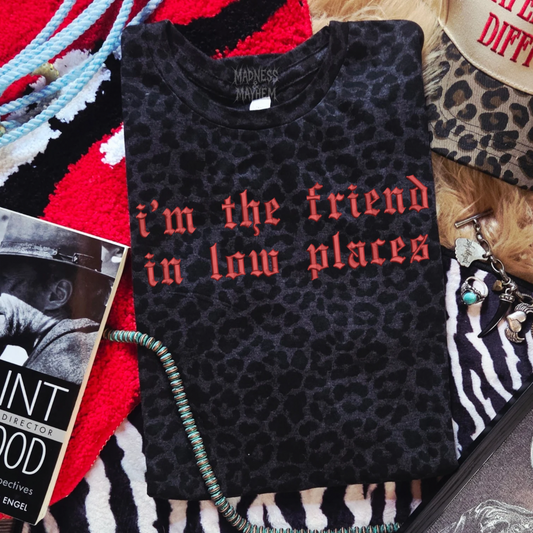 Friend in low places embroidered leopard print T-shirt