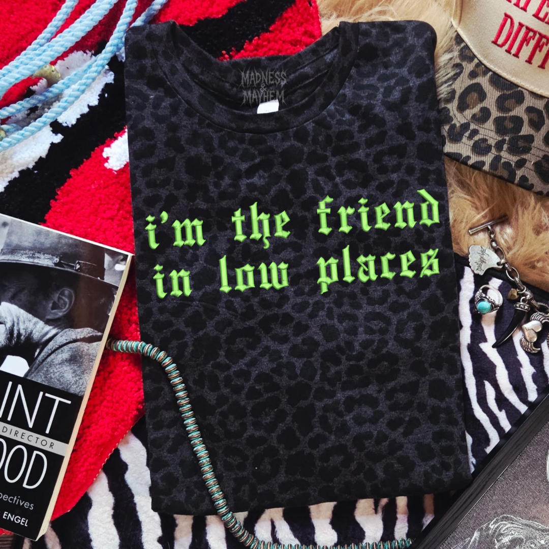 Friend in low places embroidered leopard print T-shirt
