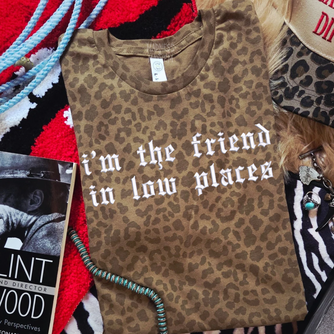 Friend in low places embroidered leopard print T-shirt