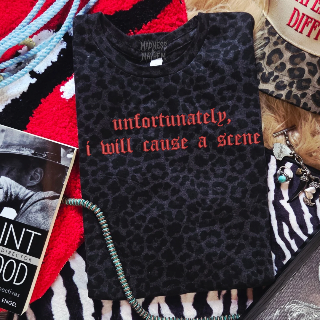 Cause a scene embroidered leopard print T-shirt