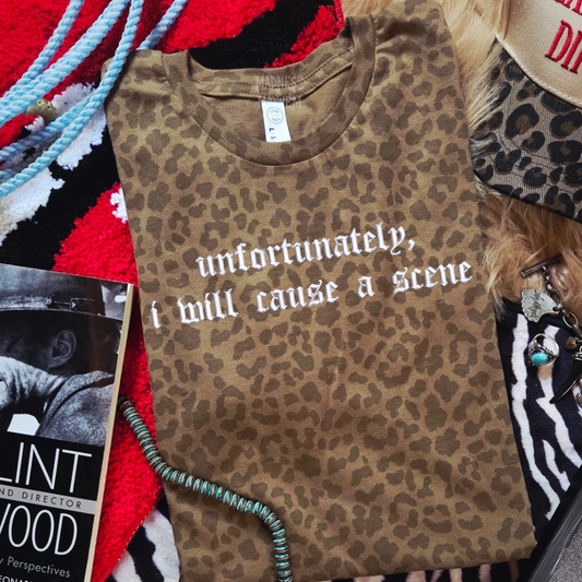 Cause a scene embroidered leopard print T-shirt