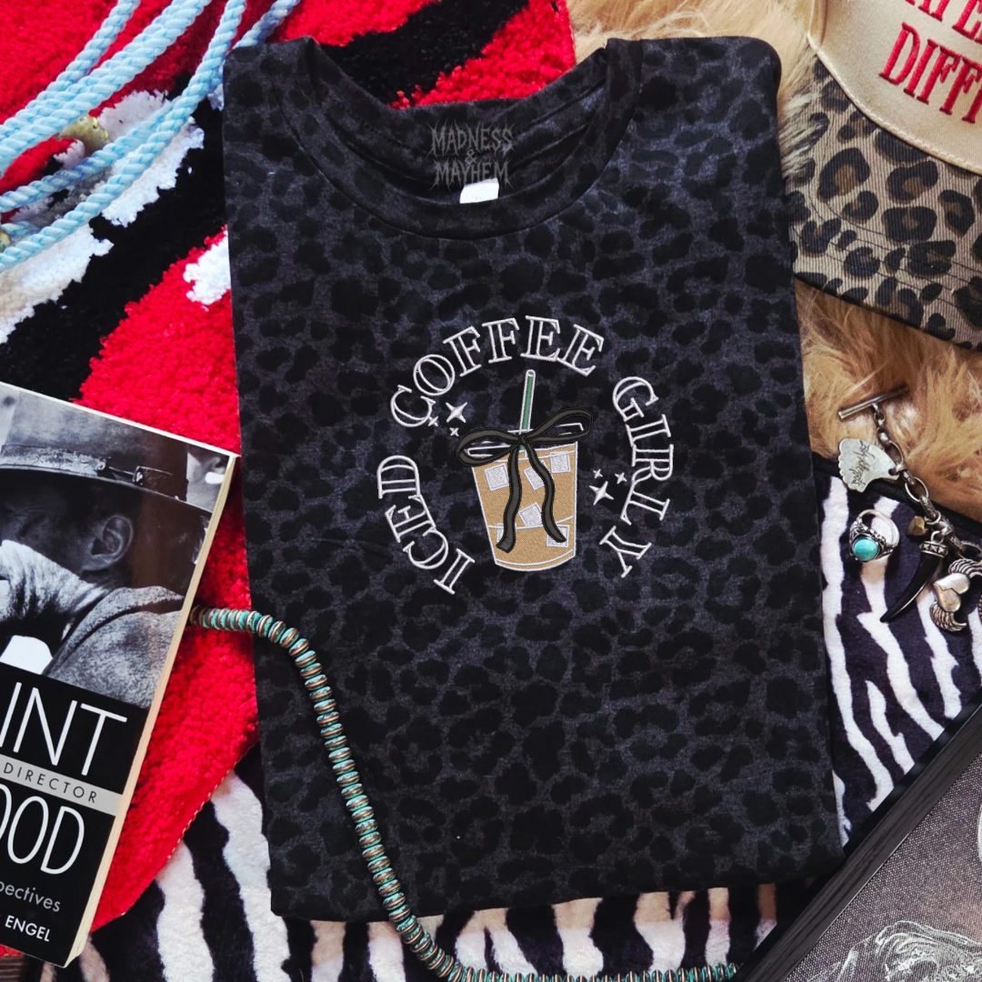 Iced coffee girly embroidered leopard print T-shirt