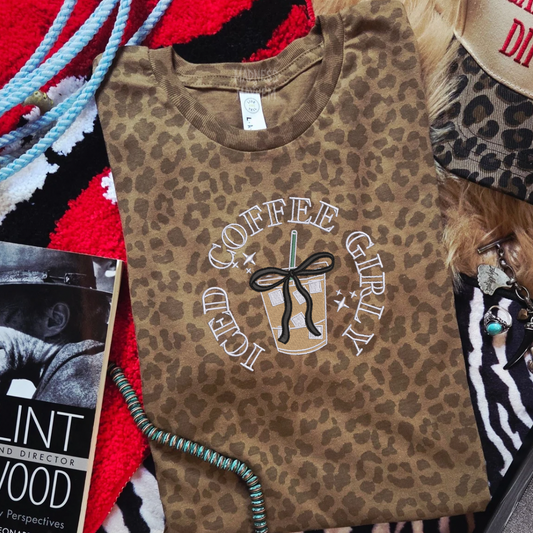 Iced coffee girly embroidered leopard print T-shirt