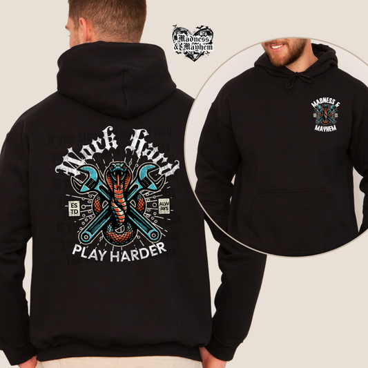 Mens work hard play harder front/back hoodie