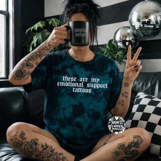 Teal emotional support tattoos embroidered tie dye T-shirt