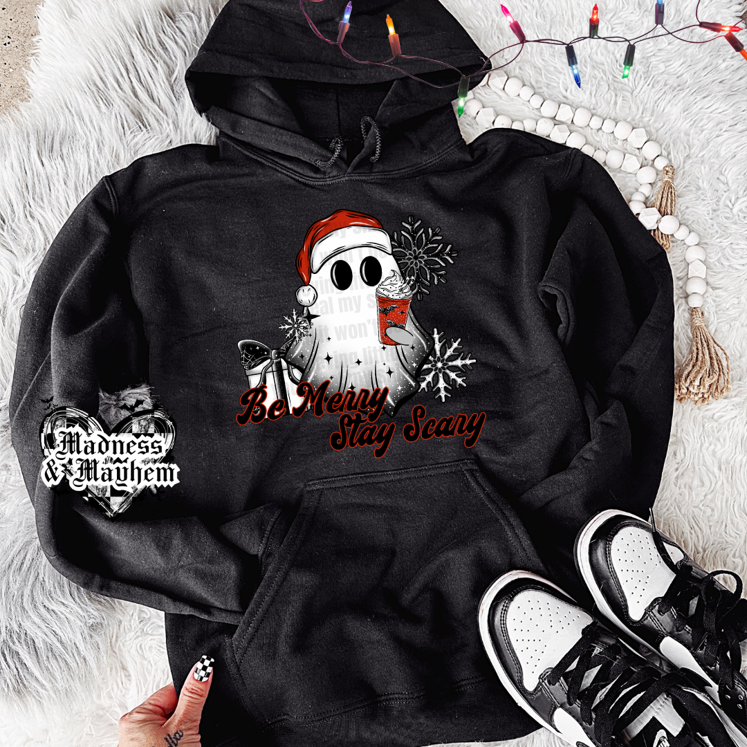 Be merry stay scary hoodie (finished product)