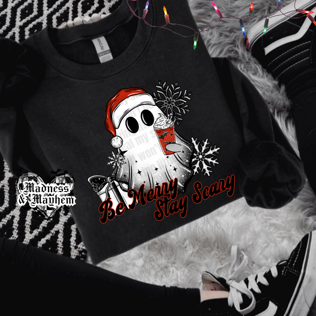 Be Merry Stay Scary crew neck sweatshirt (finished product)