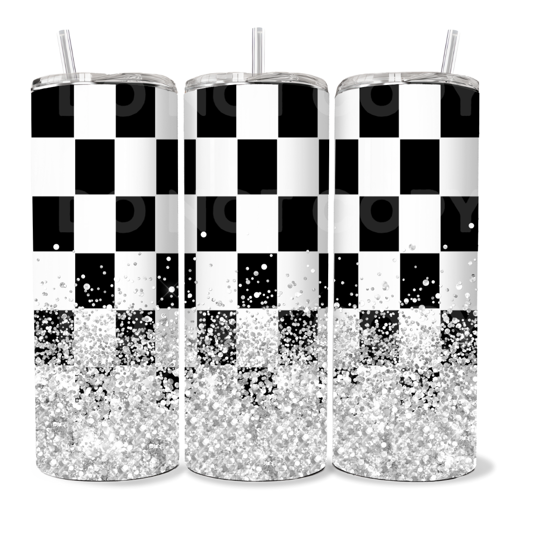 Checkered silver glitter 20oz Tumbler Wrap (sublimation transfer)