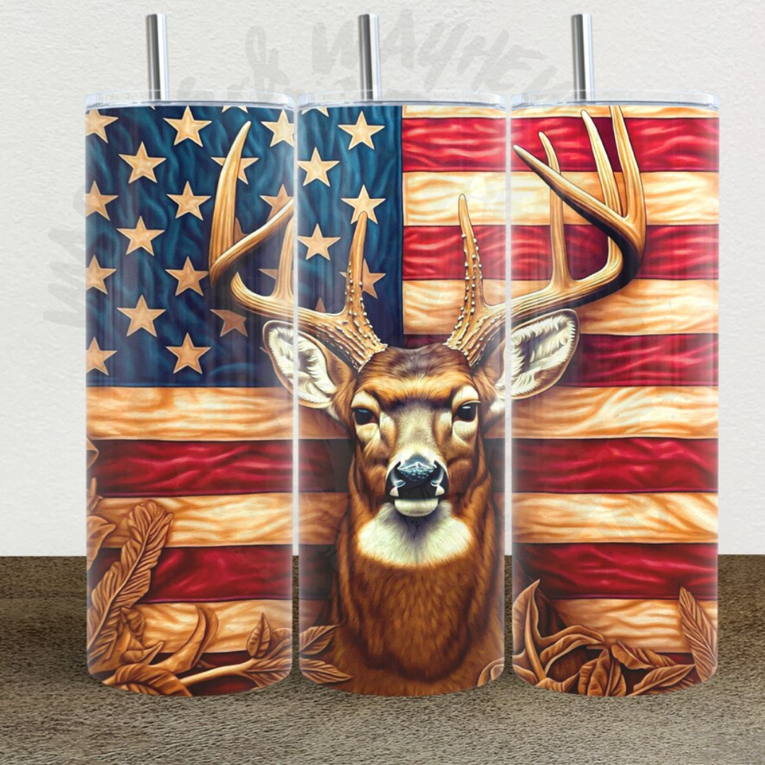 3D DEER AMERICAN FLAG HUNTING SUBLIMATION TUMBLER WRAP