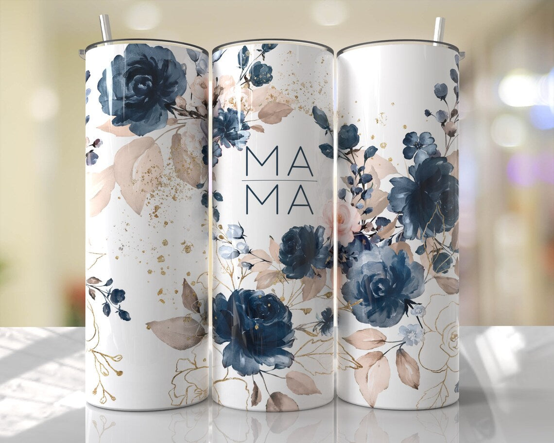 Mama Navy Floral 20 oz tumbler (finished product)
