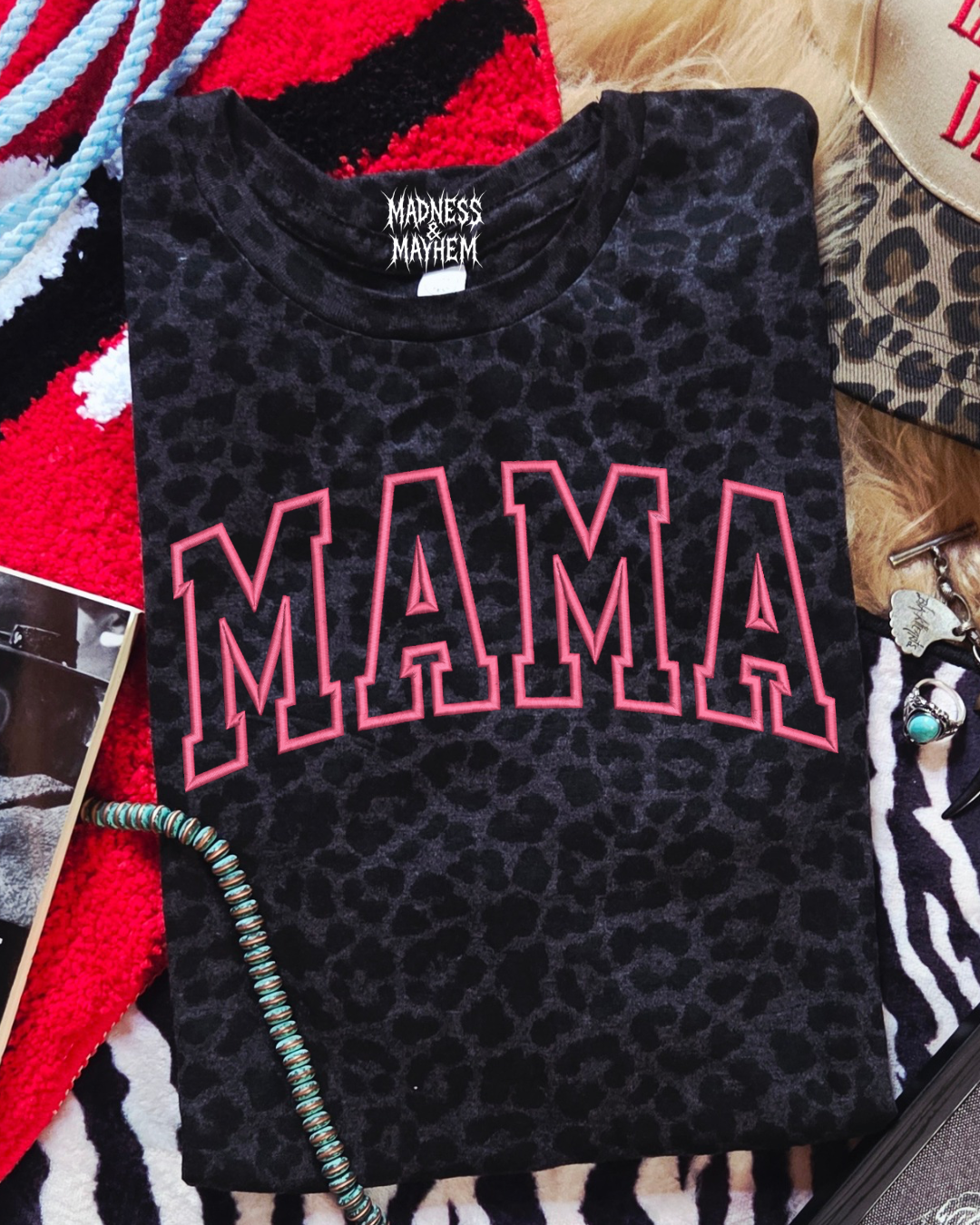Mama varsity embroidered leopard print T-shirt